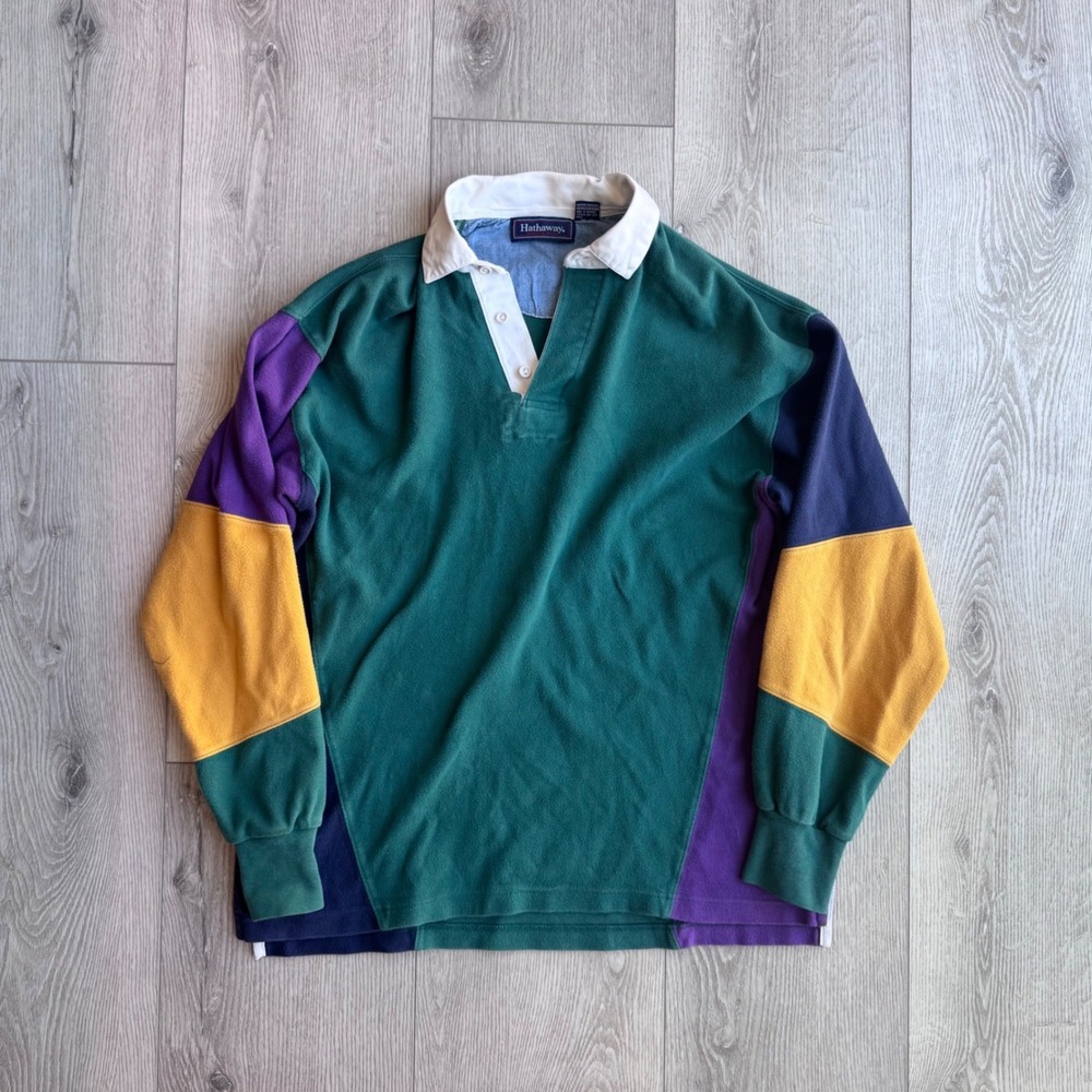 Vintage Hathaway Mens Rugby Shirt 90s Color Block Cotton Green Purple Yellow M